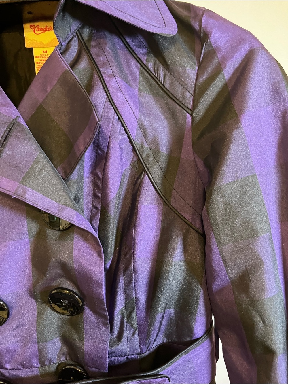 Candie’s Purple & Black Plaid Belted Trench Coat Jacket Women’s Medium NWT - Picture 6 of 7